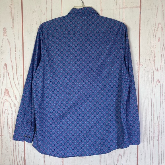 Tasso Elba Men's L Large 16 16 1/2 100% Cotton Blue Geometric Print Button Shirt - Picture 5 of 9